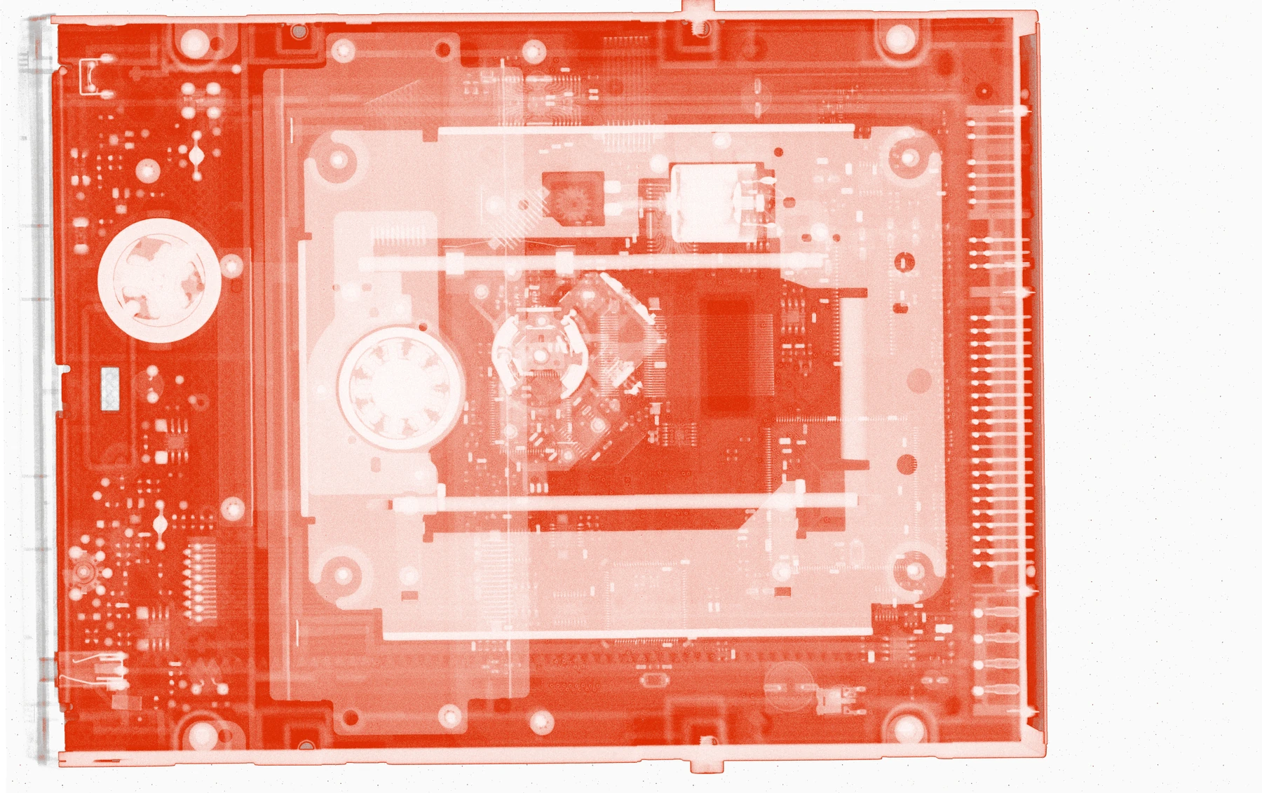 Red radiographic acquisition showing the internal parts of an electronic device